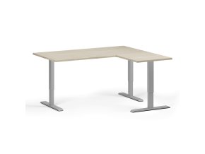 Rohový výškově nastavitelný stůl, 160x140 cm, 3 motory, L/P, šedá podnož, dub přírodní