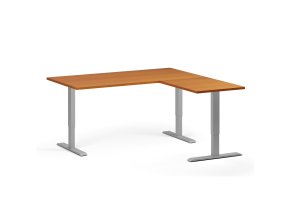 Rohový výškově nastavitelný stůl, 160x160 cm, 3 motory, L/P, šedá podnož, třešeň