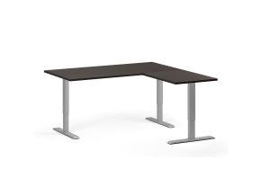 Rohový výškově nastavitelný stůl, 160x160 cm, 3 motory, L/P, šedá podnož, wenge
