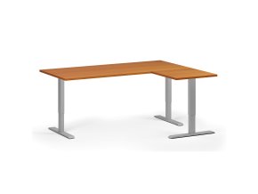 Rohový výškově nastavitelný stůl, 180x140 cm, 3 motory, L/P, šedá podnož, třešeň