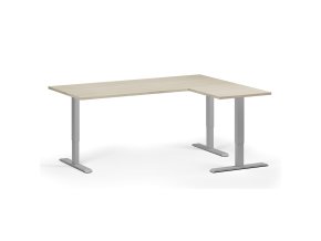 Rohový výškově nastavitelný stůl, 180x140 cm, 3 motory, L/P, šedá podnož, dub přírodní