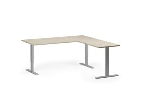Rohový výškově nastavitelný stůl, 180x180 cm, 3 motory, L/P, šedá podnož, dub přírodní