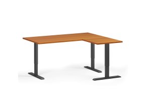 Rohový výškově nastavitelný stůl, 160x140 cm, 3 motory, L/P, černá podnož, třešeň