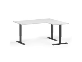 Rohový výškově nastavitelný stůl, 160x140 cm, 3 motory, L/P, černá podnož, bílá