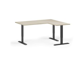 Rohový výškově nastavitelný stůl, 160x140 cm, 3 motory, L/P, černá podnož, dub přírodní