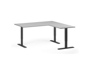Rohový výškově nastavitelný stůl, 160x160 cm, 3 motory, L/P, černá podnož, šedá