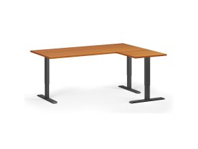 Rohový výškově nastavitelný stůl, 180x140 cm, 3 motory, L/P, černá podnož, třešeň