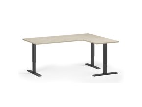 Rohový výškově nastavitelný stůl, 180x140 cm, 3 motory, L/P, černá podnož, dub přírodní