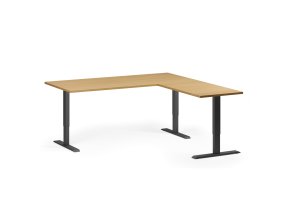 Rohový výškově nastavitelný stůl, 180x180 cm, 3 motory, L/P, černá podnož, buk
