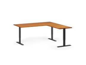 Rohový výškově nastavitelný stůl, 180x180 cm, 3 motory, L/P, černá podnož, třešeň