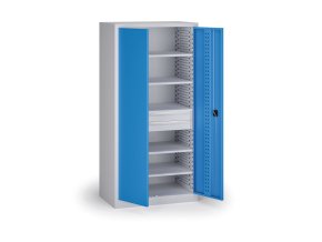 policova dilenska skrin na naradi kovos perforovany panel 5 polic 2 zasuvky 950 x 600 x 1950 mm modra 140057