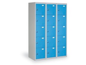 Šatní skříňka s úložnými boxy, 15 boxů, 1820 x 1140 x 500 mm, cylindrický zámek, modré dveře