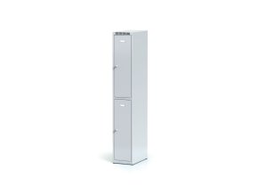 Kovová šatní skříňka s úložnými boxy, 2 boxy, 1800 x 300 x 500 mm, cylindrický zámek, šedé dveře