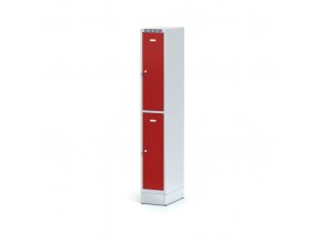 Kovová šatní skříňka na soklu s úložnými boxy, 2 boxy, červené dveře, cylindrický zámek