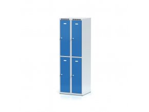 Kovová šatní skříňka s úložnými boxy, 4 boxy, modré dveře, otočný zámek