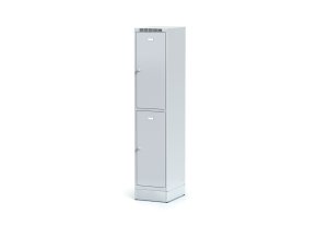 Šatní skříňka s úložnými boxy na soklu, 2 boxy, 1920 x 400 x 500 mm, otočný zámek, šedé dveře