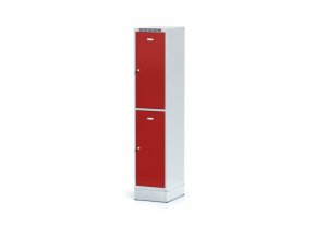 Šatní skříňka na soklu s úložnými boxy, 2 boxy, červené dveře, otočný zámek