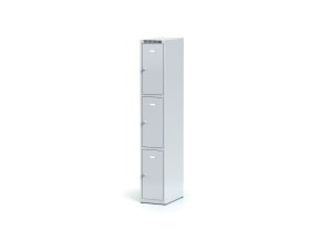 Šatní skříňka s úložnými boxy, 3 boxy, 1800 x 300 x 500 mm, cylindrický zámek, šedé dveře