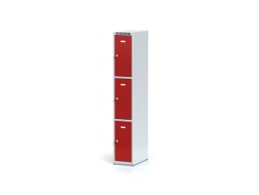 Šatní skříňka s úložnými boxy, 3 boxy, 1800 x 300 x 500 mm, cylindrický zámek, červené dveře