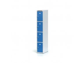 Plechová šatní skříňka s úložnými boxy, 4 boxy, modré dveře, cylindrický zámek