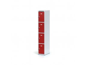 Plechová šatní skříňka s úložnými boxy, 4 boxy, červené dveře, otočný zámek