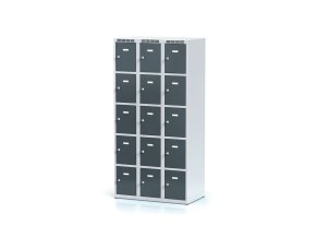 Šatní skříňka s úložnými boxy, 15 boxů, 1800 x 900 x 500 mm, cylindrický zámek, tmavě šedé dveře