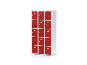 Šatní skříňka s úložnými boxy, 15 boxů, červené dveře, otočný zámek