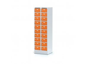 Šatní skříňka na soklu s úložnými boxy, 20 boxů, oranžové dveře, otočný zámek