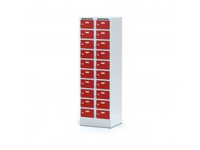 Šatní skříňka na soklu s úložnými boxy, 20 boxů, červené dveře, otočný zámek