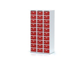 Šatní skříňka s úložnými boxy, 30 boxů, 1800 x 900 x 500 mm, otočný zámek, červené dveře