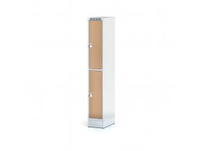 Šatní skříňka na soklu s úložnými boxy, 2 boxy 300 mm, laminované dveře buk, cylindrický zámek