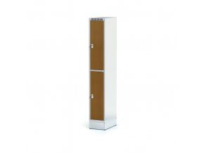 Šatní skříňka na soklu s úložnými boxy, 2 boxy 300 mm, laminované dveře třešeň, cylindrický zámek