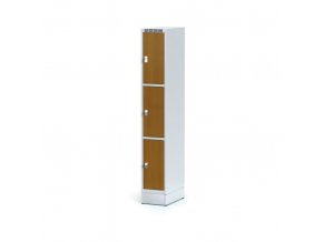 Šatní skříňka na soklu s úložnými boxy, 3 boxy 300 mm, laminované dveře třešeň, otočný zámek