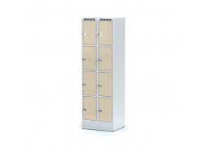 Šatní skříňka na soklu s úložnými boxy, 8 boxů 300 mm, laminované dveře bříza, cylindrický zámek
