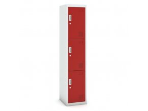 Šatní skříňka s úložnými boxy, trojdveřová, cylindrický zámek, 1800 x 380 x 450 mm, šedá/červená