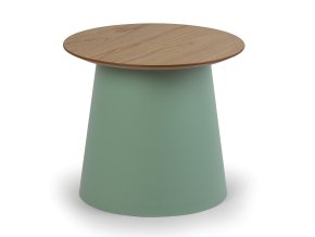 Plastový kávový stolek SETA s dřevěnou deskou, průměr 49 cm, dub/zelená