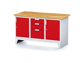Dílenský stůl MECHANIC I, 2 skříňky a zásuvkový box na nářadí, 3 zásuvky, 1500x700x880 mm, červené dveře