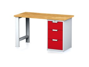 Dílenský pracovní stůl MECHANIC I, pevná noha + dílenský box na nářadí, 3 zásuvky, 1500 x 685 x 880 mm, červené dveře