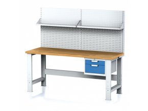 Nastavitelný dílenský stůl MECHANIC I , závěsný box na nářadí, nástavba, police, 2 zásuvky, 2000x700x700-1055 mm, modré
