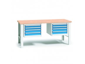 Pracovní stůl do dílny WL se 2 závěsnými boxy na nářadí, buková spárovka, 8 zásuvek, pevné kovové nohy, 2000 mm