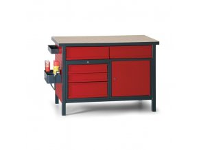 Dílenský pracovní stůl GÜDE Basic, 5 zásuvek, smrk + buková překližka, 5 zásuvek, 1 skříňka, 1190 x 600 x 850 mm, antracit / červená