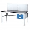 Nastavitelný dílenský stůl MECHANIC II s perfopanelem, 3 zásuvkový box na nářadí, 1600x700x745-985 mm, šedá/modrá