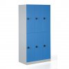 Kovová šatní skříňka s úložnými boxy, demontovaná, modré dveře, kódový zámek