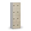 Dřevěná šatní skříňka s úložnými boxy, 8 boxů, mechanický kódový zámek, šedá/dub přírodní