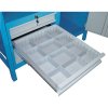 Dílenský pracovní stůl GD, 5 zásuvek, smrk + buková překližka, 5 zásuvek, 1 skříňka, 1190 x 600 x 850 mm, modrá / šedá