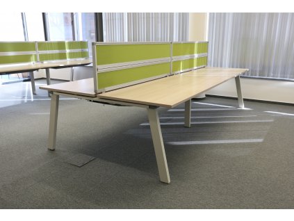 Stůl, čtyřpracoviště, Steelcase, 320x160, akácie/bílá, vč. paravánu/zelený