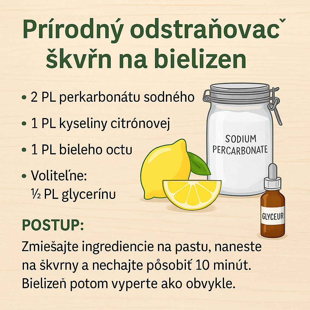 Prírodný odstraňovač škvŕn na bielizeň – Perkarbonát, ocot, citrónová sila