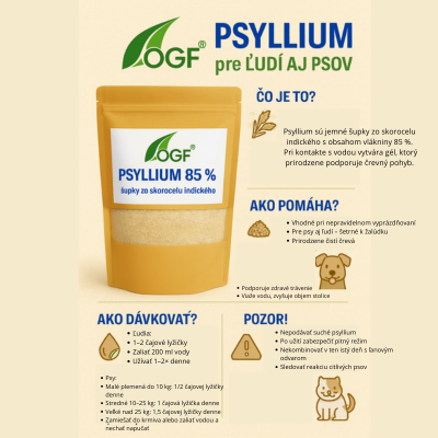 Psyllium 85 % – infografika dávkovania a použitia pre ľudí aj psov