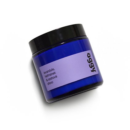 modrá sójová svíčka oggy levandule, heřmánek, cedrové dřevo v modrém skle