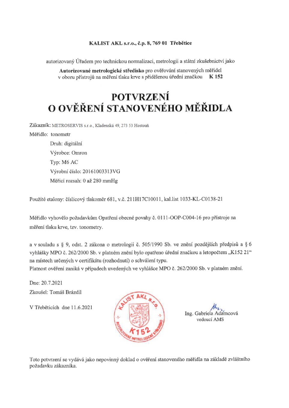 Potvrzení o ověření stanoveného měřidla Ohaus Váhy